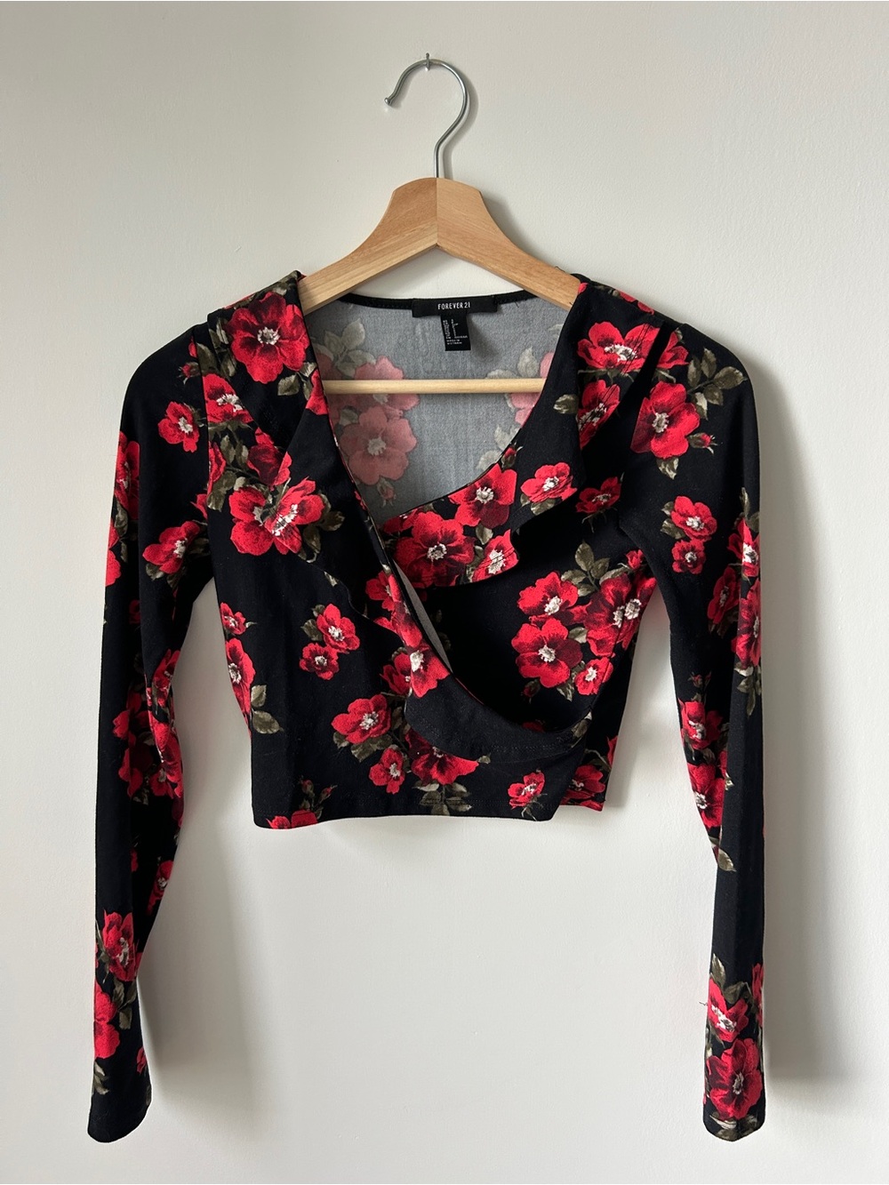 Forever 21 Black Floral Wrap Crop Top with Red Blooms